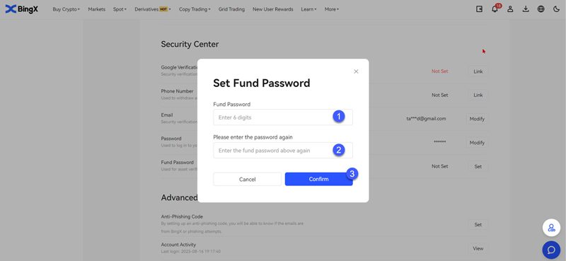 نحوه فعالسازی fund password صرافی BingX بینگ ایکس