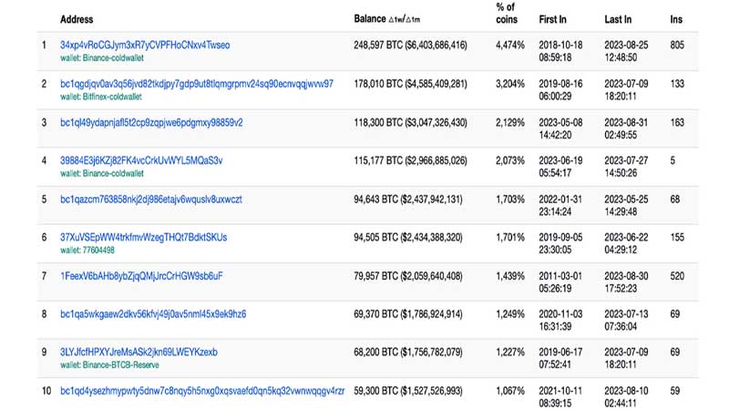 کیف پول های برتر دارنده بیشترین تعداد بیت کوین