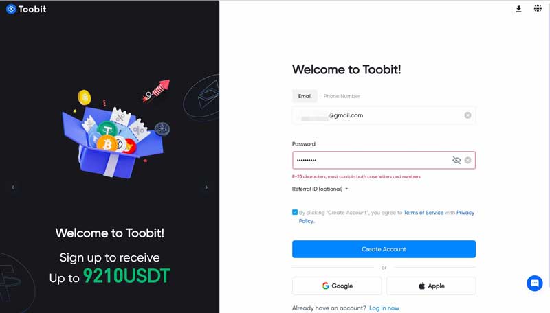 آموزش جامع توبیت، ثبت نام در صرافی toobit